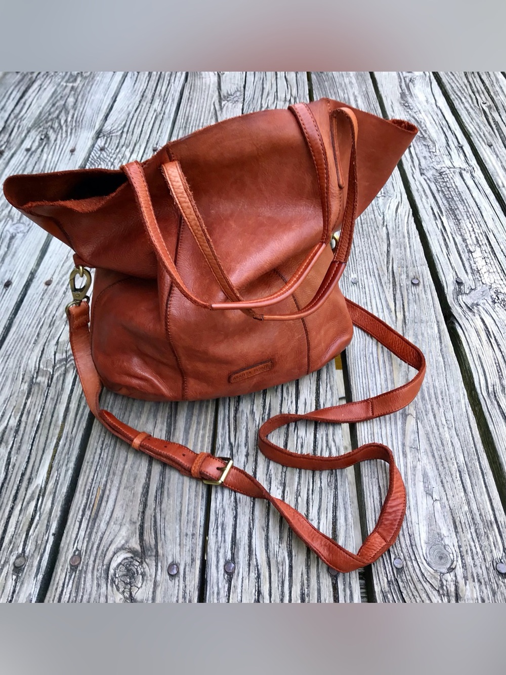 MARTA PONTI Dark Tan Leather Carry Handle Shoulder Bag Purse Handbag